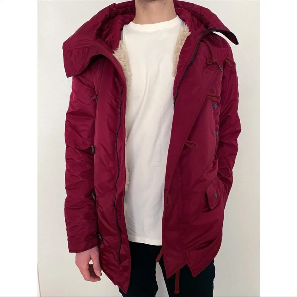 NEW True Religion Parka Fur Sherpa Zip Button Winter Jacket Hooded Coat Maroon - Picture 4 of 12